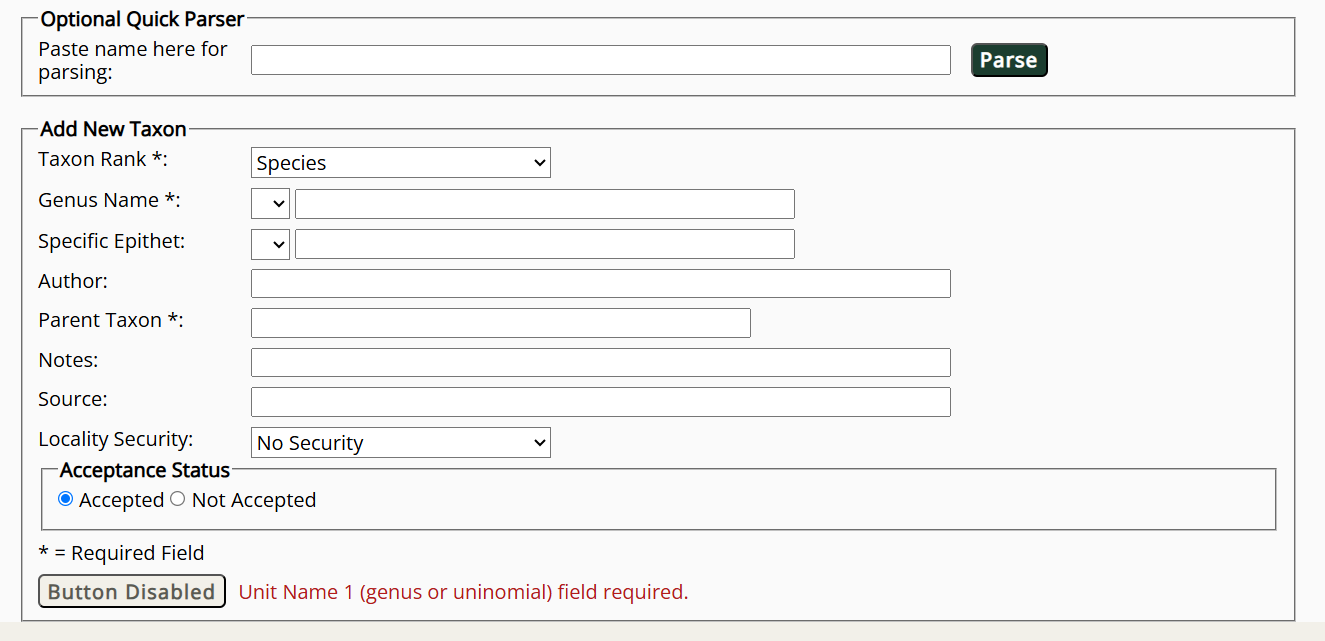 Taxon Data Entry Form