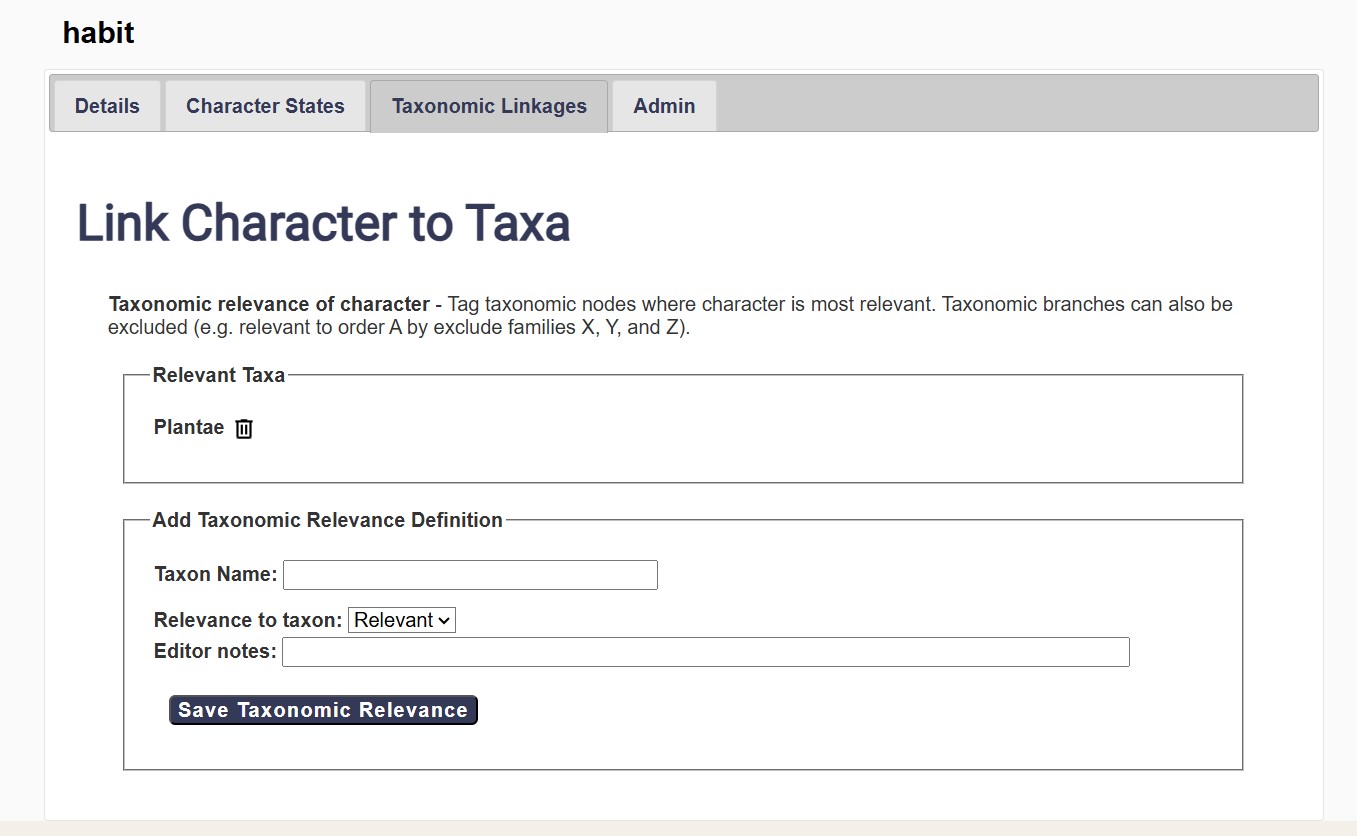Taxonomic Linkages Page of the Character Editor